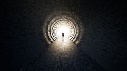 Concept or conceptual dark tunnel with a bright light at the end or exit as metaphor to success, faith, future or hope, a black silhouette of walking man to new opportunity or freedom 3d illustration