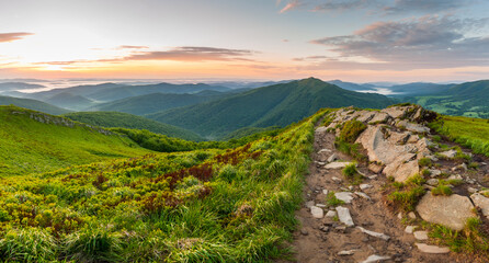Sunrise seen from the summit of Połonina Wetlińska towards the Bieszczady peaks, Bieszczady forest, Bieszczady mountains, Carpathians