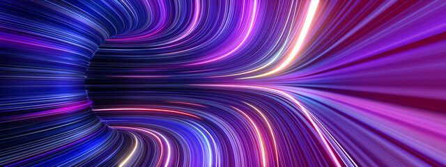 3d render, abstract panoramic background with tunnel turn. Bright purple pink neon rays and lines glowing in ultraviolet light