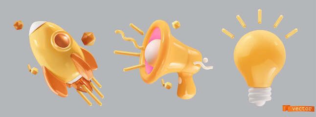3d vector icon set. Light bulb, megaphone, rocket