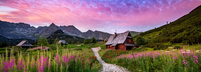 Beautiful summer sunrise in the mountains - Hala Gasienicowa in Poland - Tatras