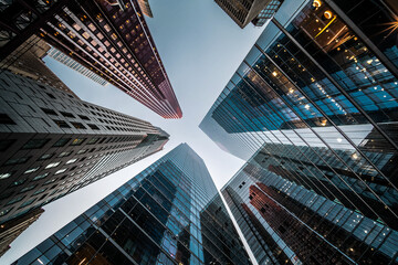 Looking up at high rise office building architecture against blue sky in the financial district of a modern metropolis, business and finance concept.