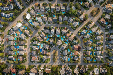 Top down aerial view of houses and streets in beautiful residential neighbourhood in Montreal, Quebec, Canada. Property, homes and real estate concept. 