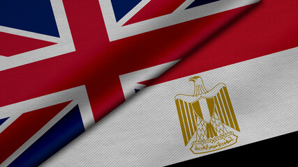 3D Rendering of two flags from United Kingdom or Britain and Arab Republic of Egypt together with fabric texture, bilateral relations, peace and conflict between countries, great for background