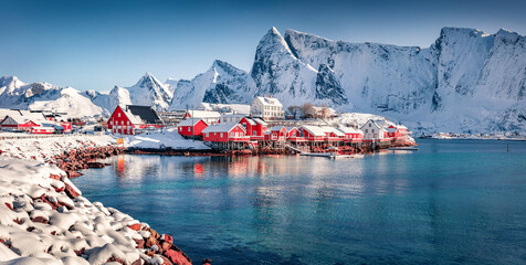 Captivating afternoon scene of Sakrisoy village, Norway, Europe. Superb winter view of Lofoten Islads. Beautiful seascape of Norwegian sea. Untouched winter landscape.