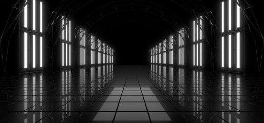 A dark tunnel lit by white neon lights. Reflections on the floor and walls. 3d rendering image.