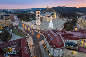 Aerial winter morning sunrise view of Vilnius old town, Lithuania