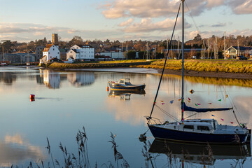 Woodbridge Tide Mill in Woodbridge, Suffolk, on the banks of the River Deben, England. A rare example of a tide mill were the water wheel still turns
