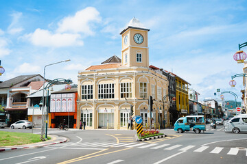 Travel landmark on summer trip famous location.Phuket old town Colorful buildings in Sino Portuguese style