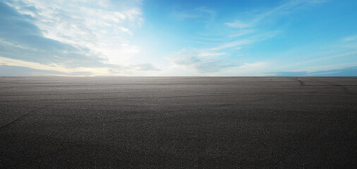 Panorama empty asphalt road and tarmac floor. Cloudy sky