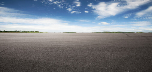 Panorama empty asphalt road and tarmac floor. Cloudy sky