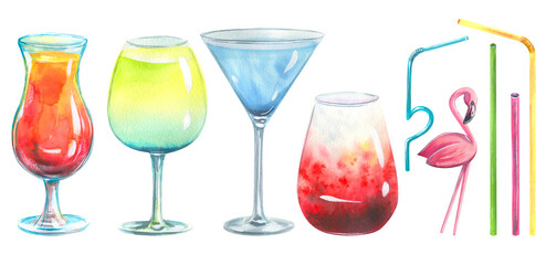 Watercolor illustration of hand-drawn cocktails, cocktail tubes and flamingo figurative decoration