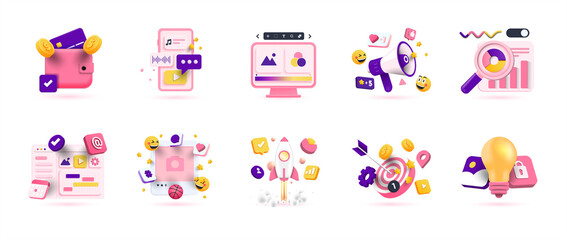 3d business icon set. Trendy illustrations of Digital Business, Marketing, Data Analysis, Social Media, Startup, Solution, Hr, Stock Market, Finance. Render 3d vector objects
