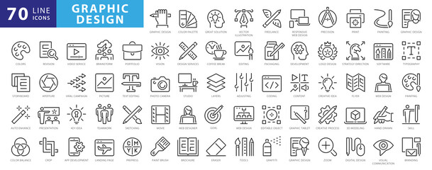 Set of thin line icons of graphic design. Simple linear icons in a modern style flat, Creative Process. Graphic design, creative package, stationary, software and more