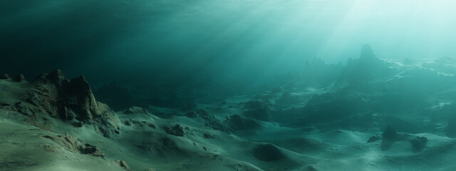 Rugged Landscape Terrain Underwater Dark Scene.