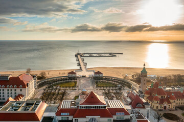Aerial landscape of Sopot city at Baltic sea at sunrise, Poland