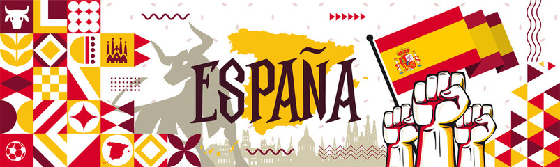 Spain national day banner for España , Espana or Espania with abstract modern design. Flag and map of Spain with typography red yellow color theme. Barcelona Madrid skyline in background with bull