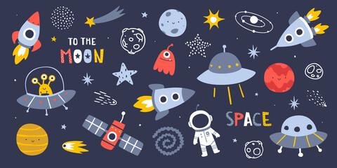 Cute outer space set. Cosmic bundle with doodle spaceships and planet. Collection of naive stellar stickers.