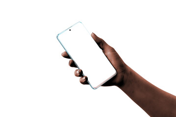 Hand showing white perla modern smart phone with isolated screen and background for mockup, app design presentation. Low light, dark skin hand