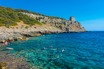 PORTO SELVAGGIO, ITALY, 15 AUGUST 2021 Crystal clear water in the beach of Porto Selvaggio
