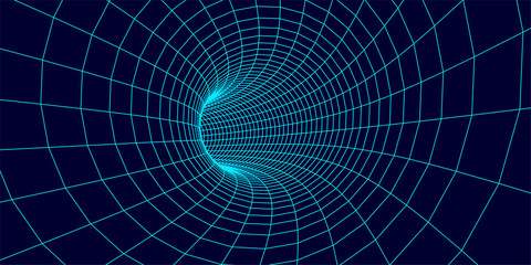 Wireframe abstract tunnel. 3D tunnel grid. Futuristic 3d portal. Network cyber technology. Vector illustration.