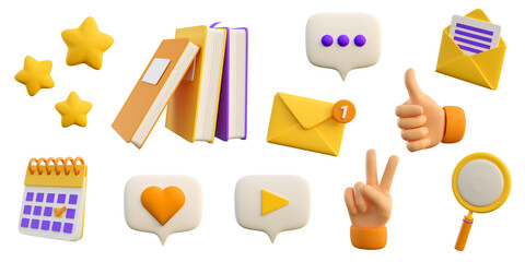 3d education and social media icons for university and school. Stack of the books, calendar, search, speech bubbles, stars and mail flying . Realistic 3d high quality render