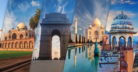 Humayun's Tomb, India Gate, Taj Mahal and Amber Fort pavilion, most famous places of India in collage