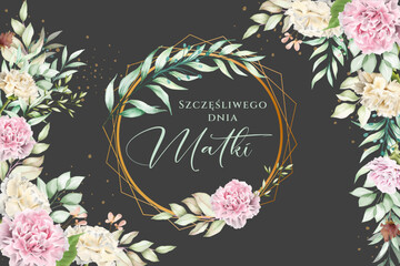 kartka lub baner na dzień matki w kolorze zielonym w kole złotego koloru z liśćmi paproci różowa piwonia na czarnym tle z z każdej strony liście i kwiaty