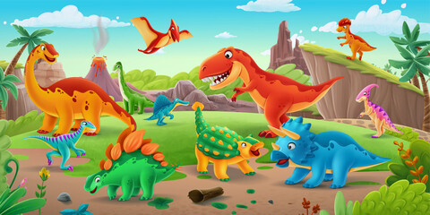 horizontal illustration with dinosaur landscape for school