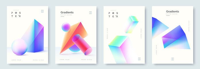 Abstract poster collection with colorful 3d geometric shapes. Geometric gradient background in minimal style. Ideal for cover, banner, invitation, business flyer. Vector illustration