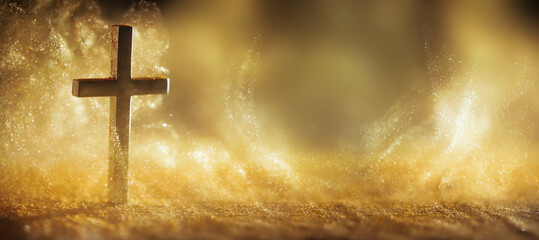 Religious cross in abstract wallpaper with shining gold sparkles and radiant lights. Symbolism of heaven or the resurrection.