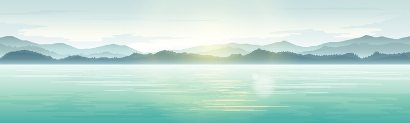 landscape with lake and mountains.