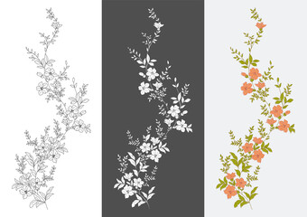 Set of floral patterns. Colorfull flowers vector design. Black and white. 