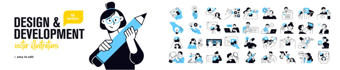 Design and development concept illustrations. Set of people vector illustrations in various activities of graphic and web design and development, social media, creative process, app development. 