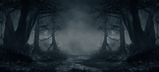 Dark fantasy forest. River in the forest with stones on the shore. Moonlight, night forest landscape. Smoke, smog, fog. Bridge over river. Fantasy landscape. 3D illustration.