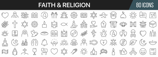 Religion and faith line icons collection. Big UI icon set in a flat design. Thin outline icons pack. Vector illustration EPS10