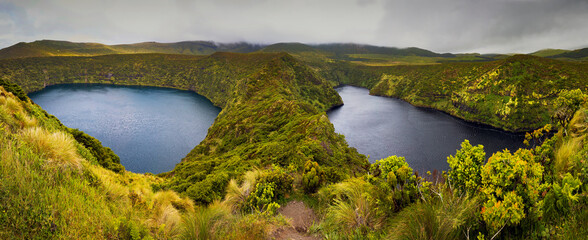 Panorama with Lagoa Negra and Lagoa Comprida in Flores island, Azores, Portugal