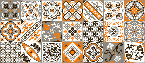 Traditional ornate Portuguese decorative colored azulejos tiles. Abstract background. Vector drawing illustration, typical Portuguese tiles, ceramic tiles. Seamless background.