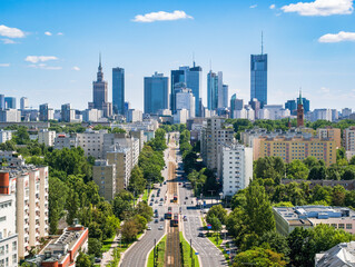 Skyscrapers in city center, Warsaw aerial landscape under blue sky