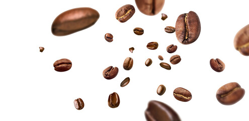 Coffee beans piece fly isolated on white background with clipping path