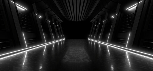 A dark tunnel lit by white neon lights. Reflections on the floor and walls. 3d rendering image.