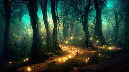 Gloomy fantasy forest scene at night with glowing lights