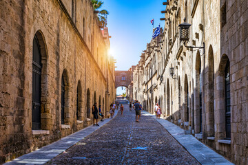 The Street of the Knights, the most famous street in Rhodes old town, Rhodes island, Greece. The Street of the Knights in Rhodes is one of the best preserved medieval monuments in the world. Greece