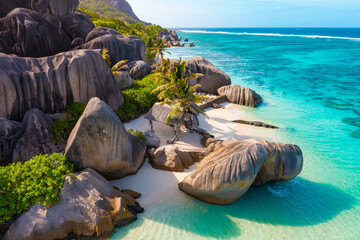 Paradise beach on the island of La Digue in the Seychelles. Anse Source D'Argent