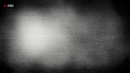 Retro CCTV or VHS video white noise background texture with red recording indicator. Vintage horizontal scanlines with vignette border. Grungy distressed horror film backdrop 8k 16:9 3D rendering.