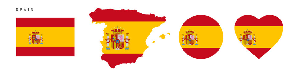 Spain flag icon set. Spanish pennant in official colors and proportions. Rectangular, map-shaped, circle and heart-shaped. Flat vector illustration isolated on white.