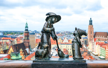 Wroclaw Dwarfs. Witches Tekla and Martynka (Polish: Czarownice Tekla i Martynka)on the observation deck of St. Mary Magdalene's Church