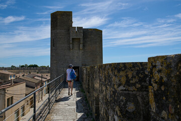 Mury obronne i starożytne miasto, ciasne uliczki, stłoczone domy, czerwone dachy, zielona roślinność na ulicach.