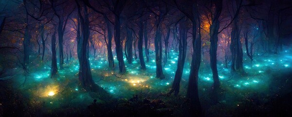 Magical forest landscape with glowing lights in the darkness, purple, blue and dark brown background, Generative AI