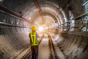Soft focus and blurred lighting background of focus at engineer or technician control. Underground tunnel infrastructure. Transport pipeline by Tunnel Boring Machine for electric train subway